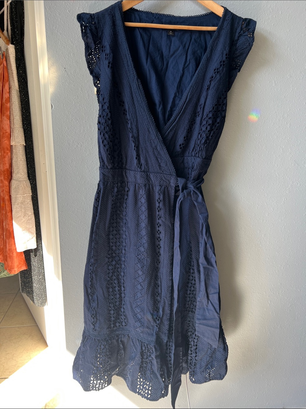 J CREW ALL OVER EYELET NAVY WRAP MIDI DRESS - Picture 6 of 11